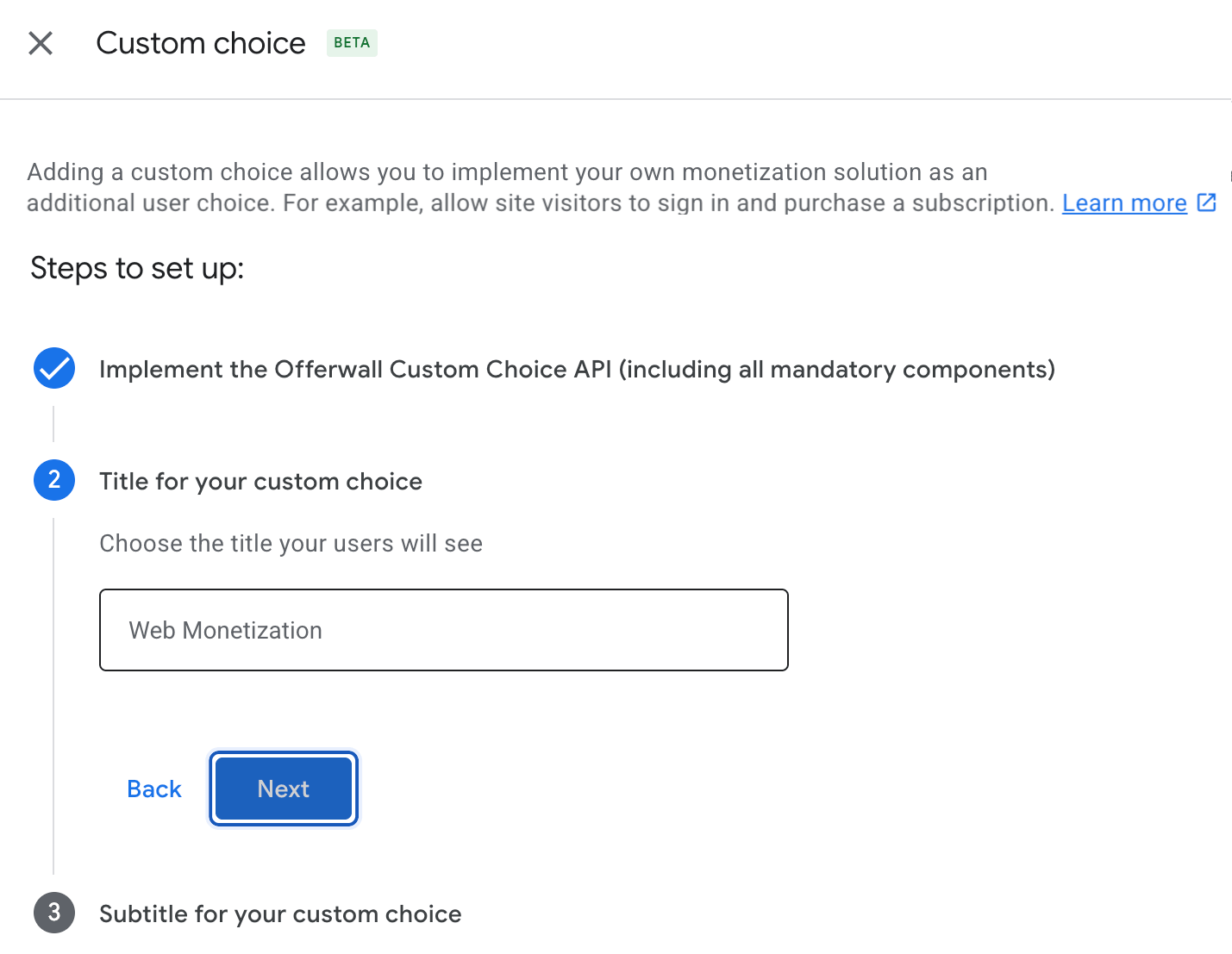 Custom choice setup screen with recommended title entered in the field and the Next button active