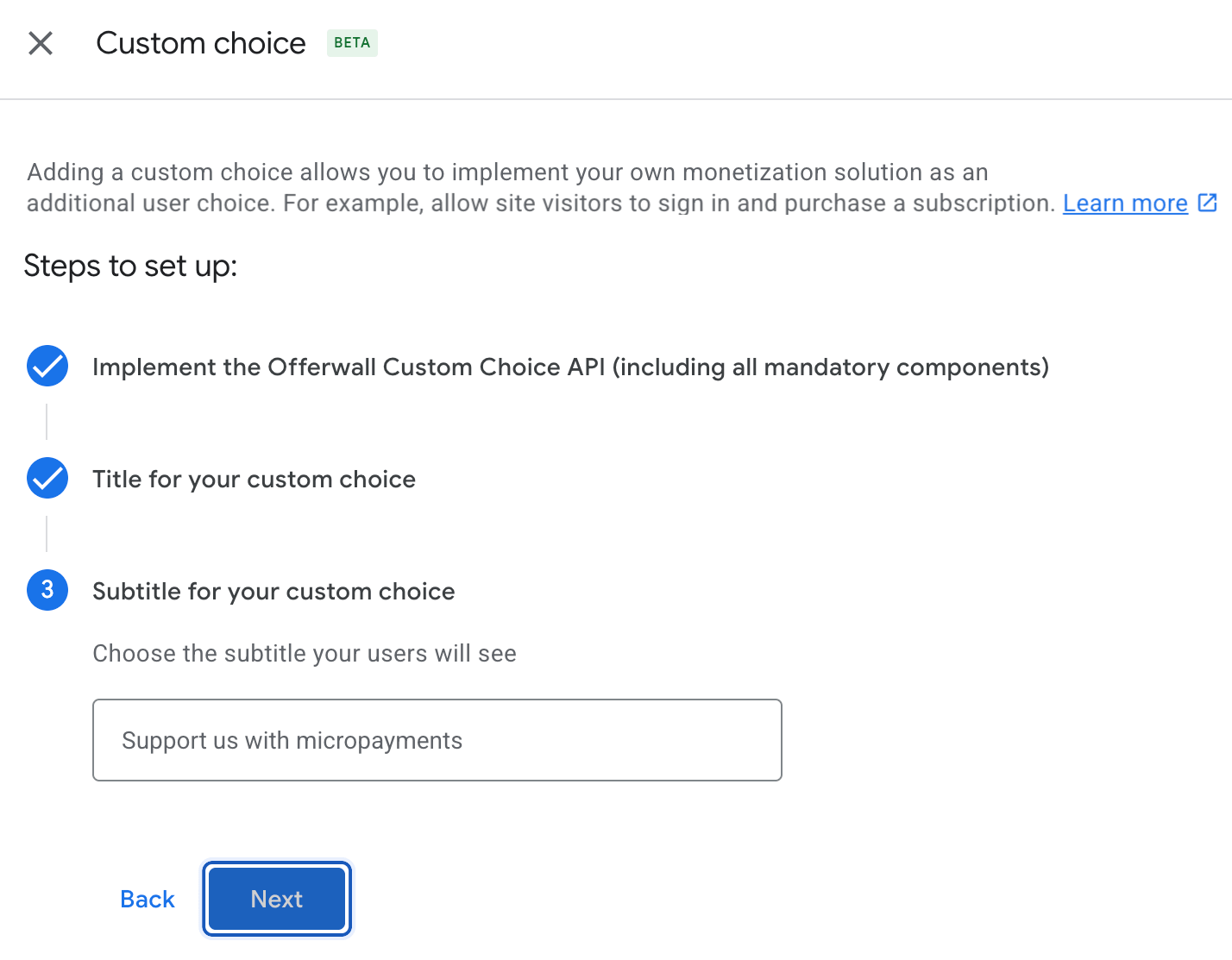 Custom choice setup screen with recommended subtitle entered in the field and the Next button active