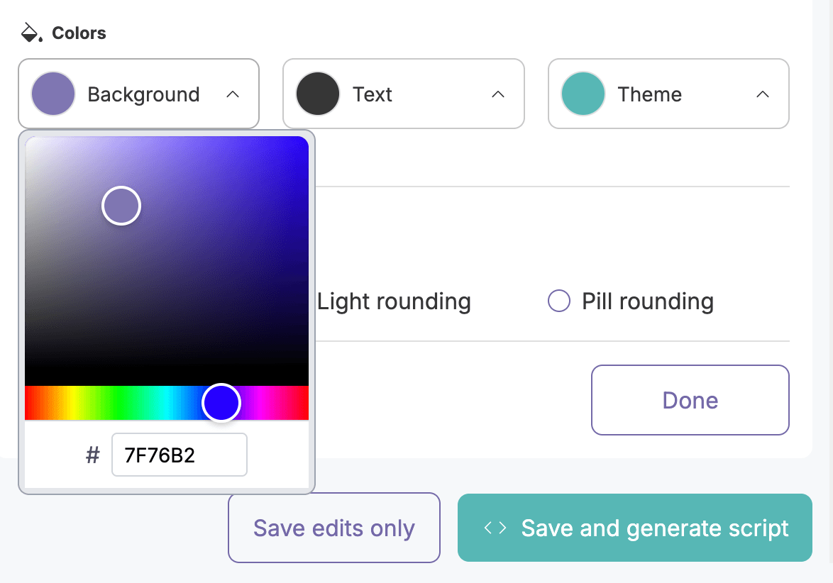 The color picker tool with a field for the hex value at the bottom