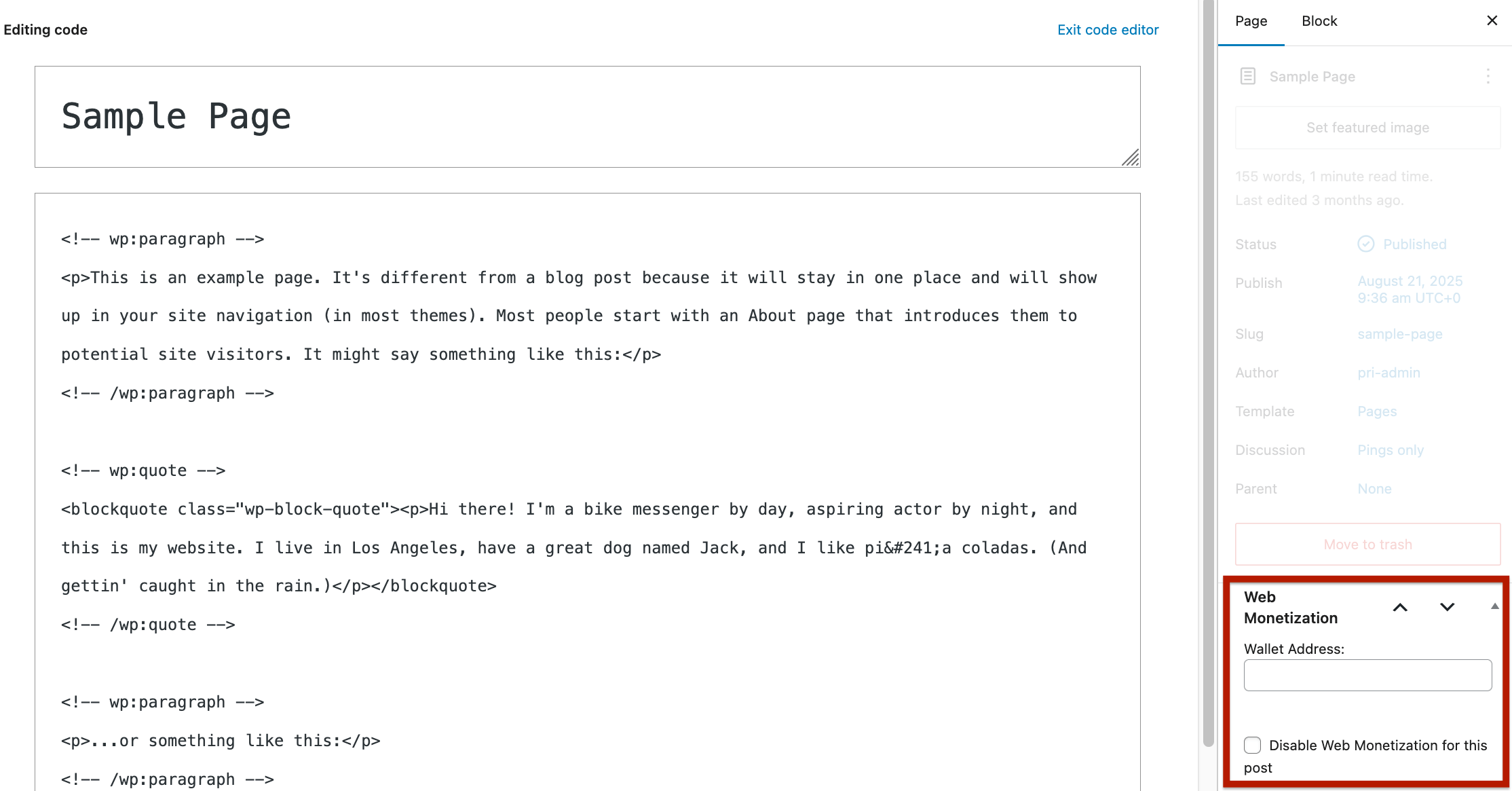 The code editor screen with the web monetization section highlighted. The section contains a field for a wallet address and a checkbox to disable web monetization for the post.